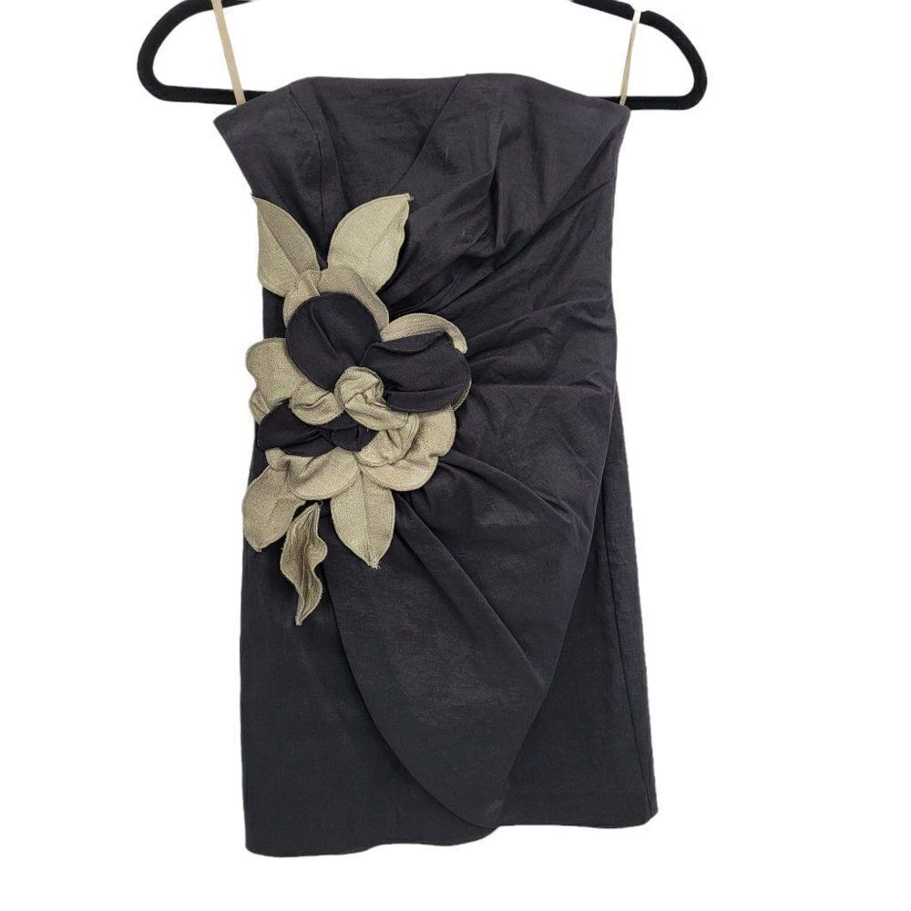 Vtg 80's Cache Dress‎ Formal Micro Mini Bodycon 3D Starburst Flower Black Sz XS
